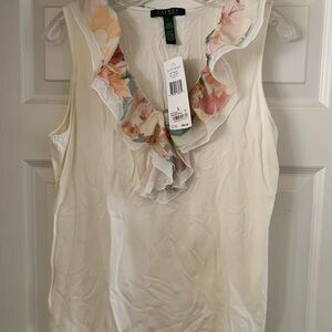 Macy's Cream Floral Ruffle Blouse